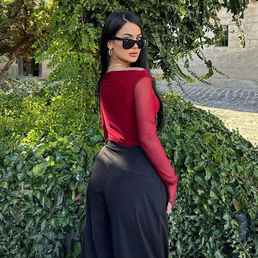 Women's T-shirt Long Sleeve Blouses Wine Red Elegant Solid Color