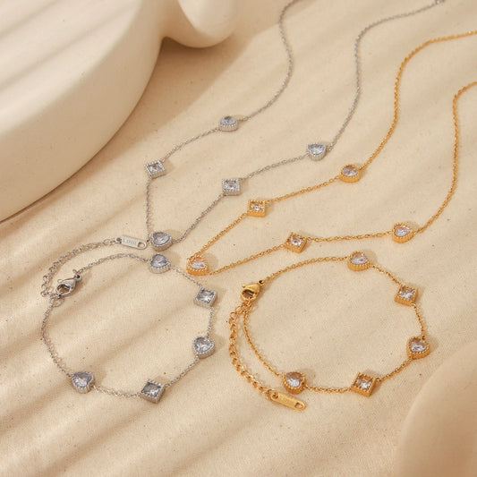 Jewelry Simple Style Commute Geometric Heart Shape Solid Color 304 Stainless Steel Zircon 18K Gold Plated Inlay Jewelry Set