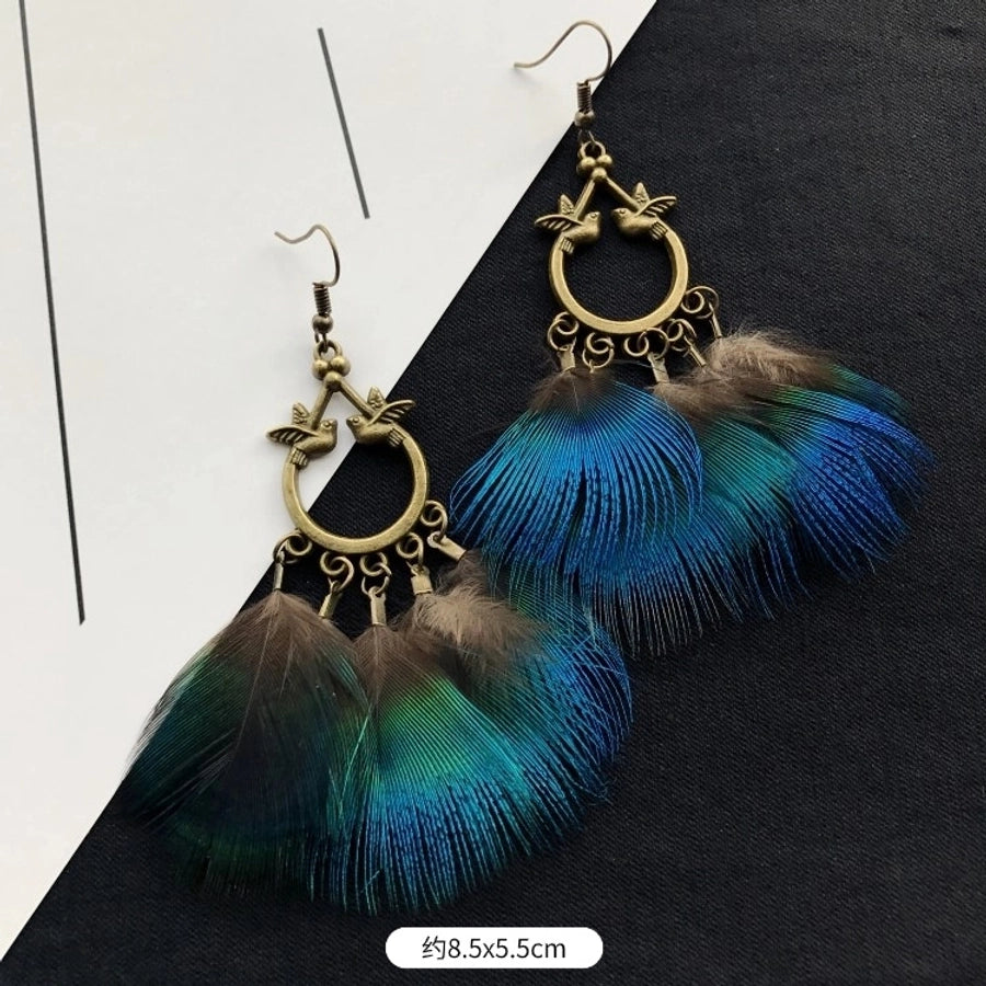 1 Pair Vintage Style Geometric Tassel Alloy Feather Drop Earrings