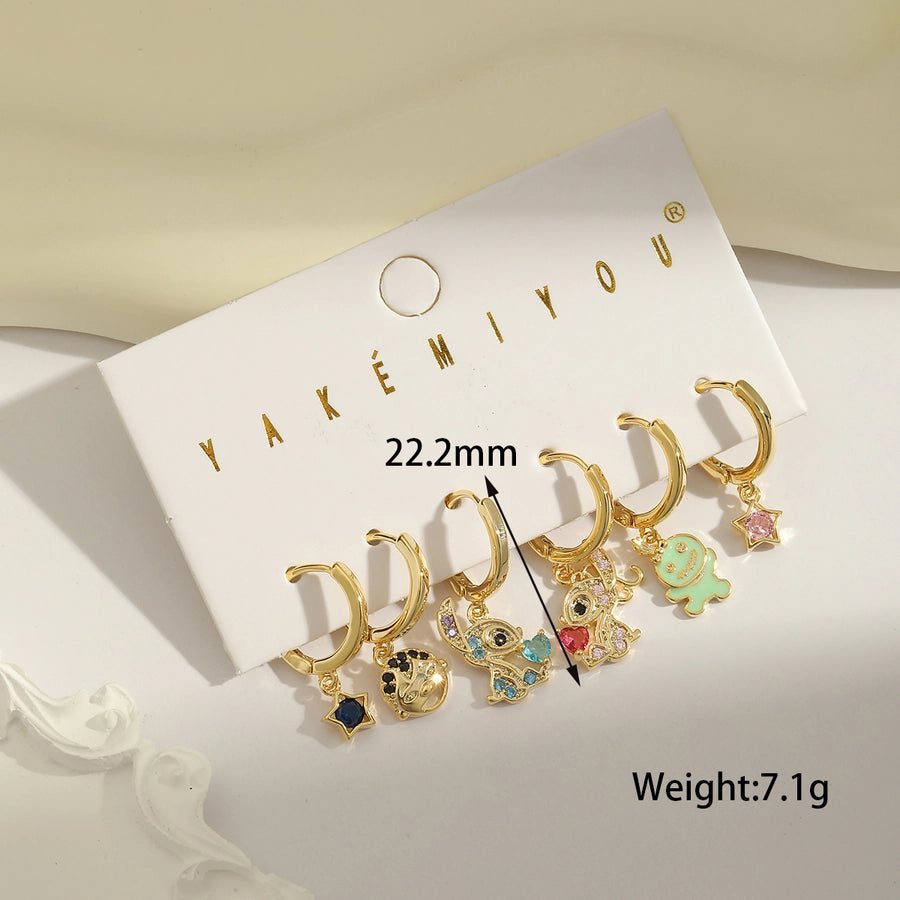 1 Set Sweet Geometric Enamel Inlay Copper Zircon 14K Gold Plated Earrings