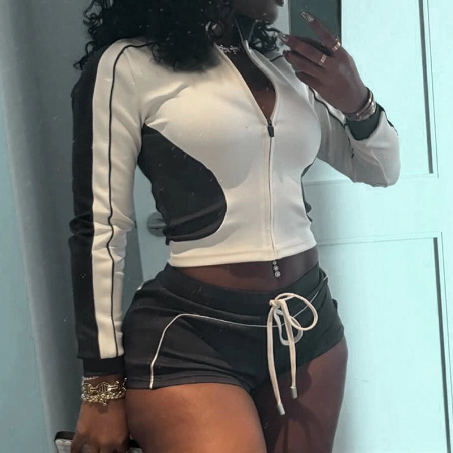 Daily Women's Streetwear Contrast Collar Spandex Polyester Twilled Satin Shorts Sets Shorts Sets