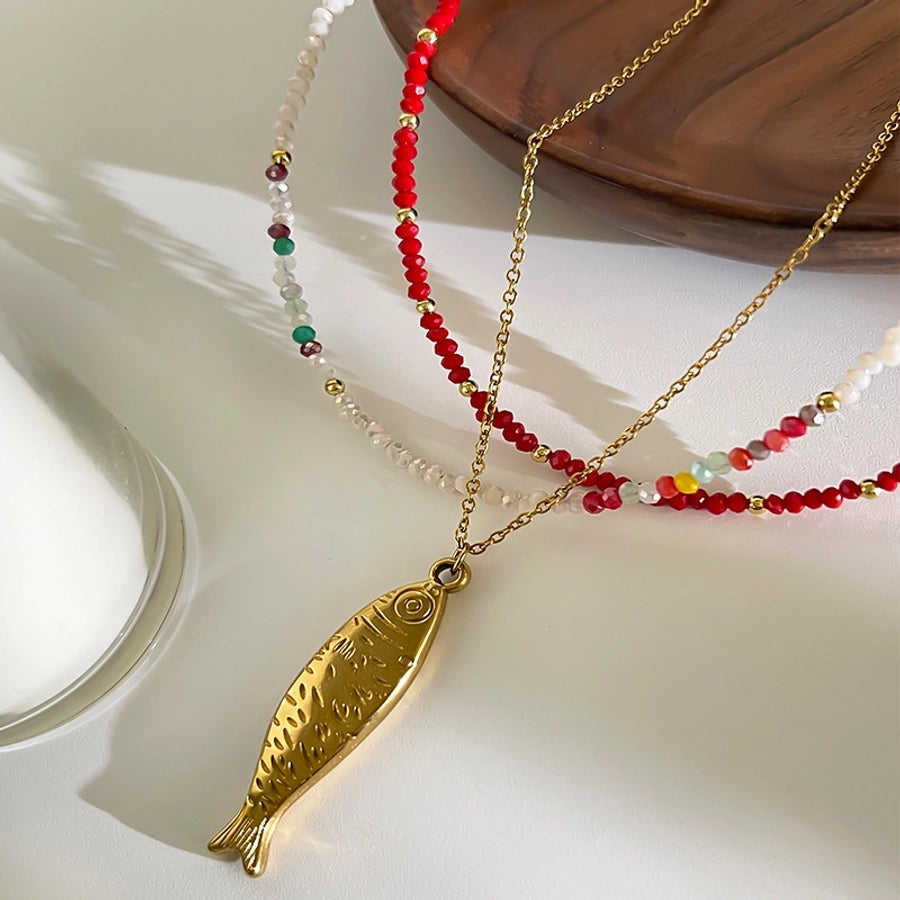 Casual Vintage Style Fish 18K Gold Plated 316L Stainless Steel  Arylic Beaded Chain Beaded Necklaces