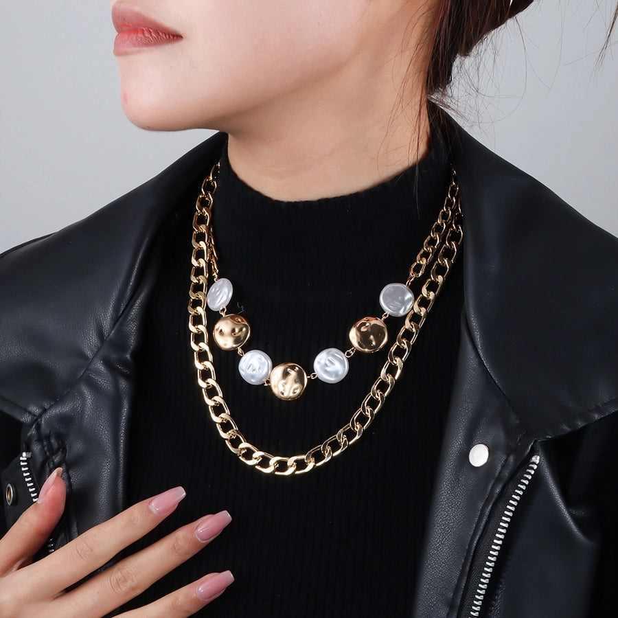 Retro Punk Geometric Alloy Beaded Chain Layered Necklaces