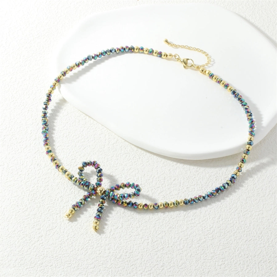 Cute Punk Lolita Bow Knot Glass Beaded Chain Beaded Necklaces