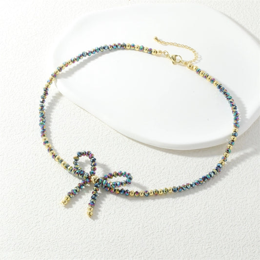 Cute Punk Lolita Bow Knot Glass Beaded Chain Beaded Necklaces