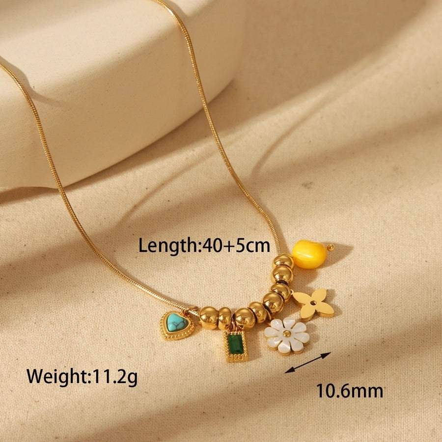 Jewelry Simple Style Commute Red Heart Flower Bee 304 Stainless Steel Artificial Pearls 18K Gold Plated Epoxy Plating Inlay Pendant Necklace
