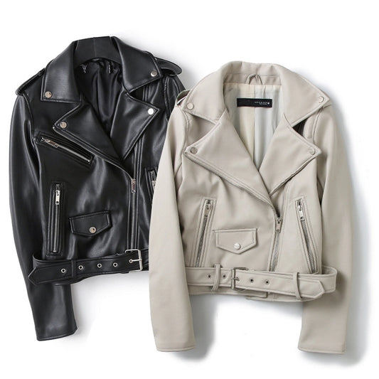 Women's Preppy Style Solid Color Zipper Leather Jacket Casual Jacket