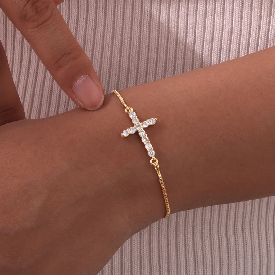 Jewelry IG Style Cross Copper Zircon 18K Gold Plated Inlay Bracelets