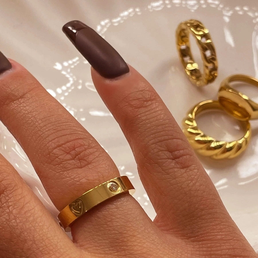 Jewelry Sweet Simple Style Heart Shape 316L Stainless Steel  Rhinestones 18K Gold Plated Inlay Rings