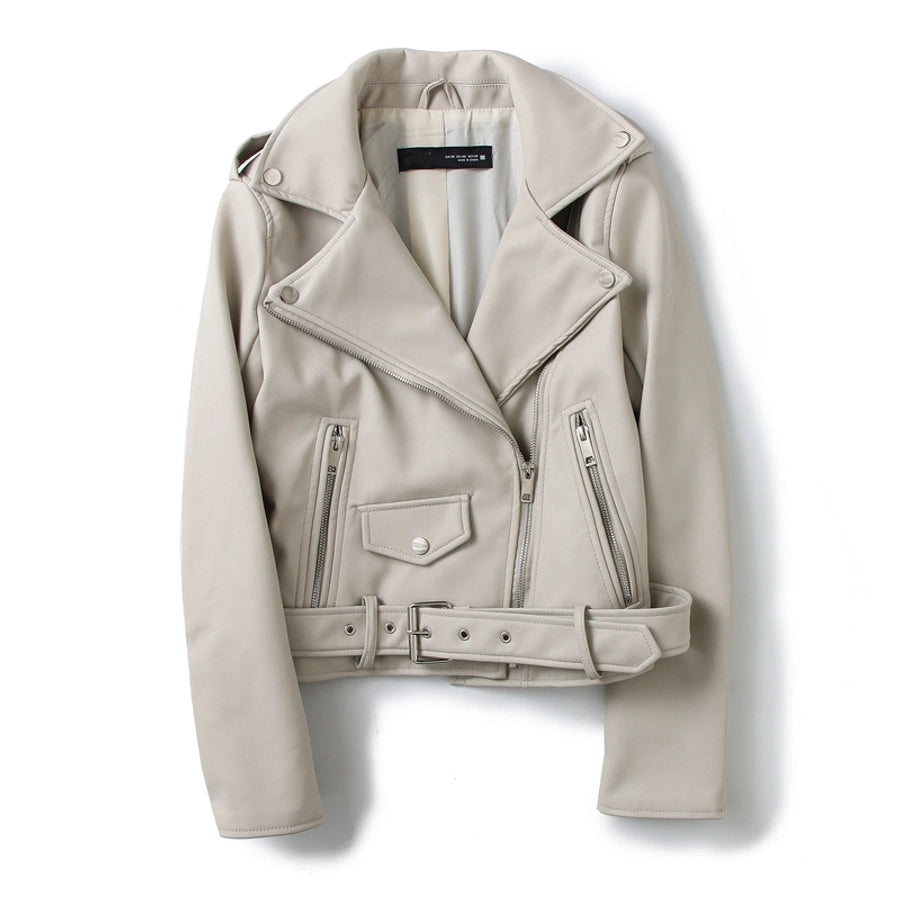 Women's Preppy Style Solid Color Zipper Leather Jacket Casual Jacket