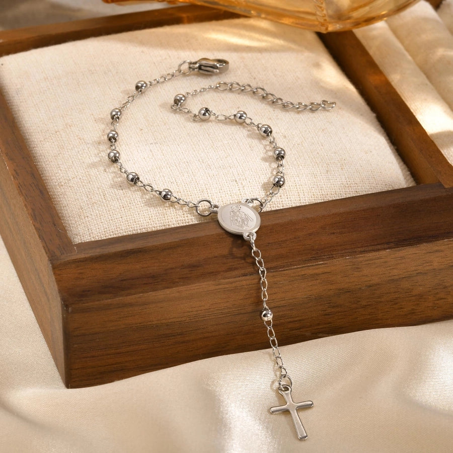 Vintage Style Simple Style Cross 201 Stainless Steel ball chain Bracelets In Bulk Stainless Steel Bracelets