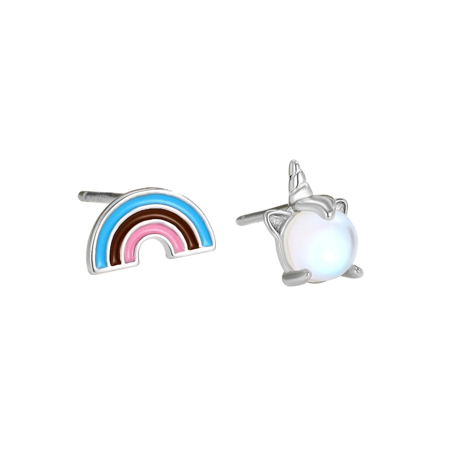 s925 Sterling Silver Rainbow  Moonstone stud earrings elegant niche cute jewelry small asymmetric earrings for women