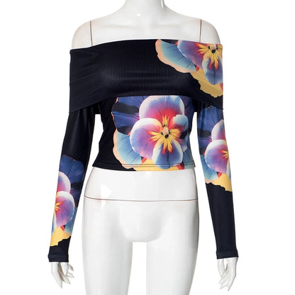 Women's Bandeau Long Sleeve T-Shirts Streetwear Flower