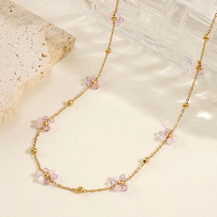 Jewelry Sweet Flower 304 Stainless Steel Artificial Crystal Necklace