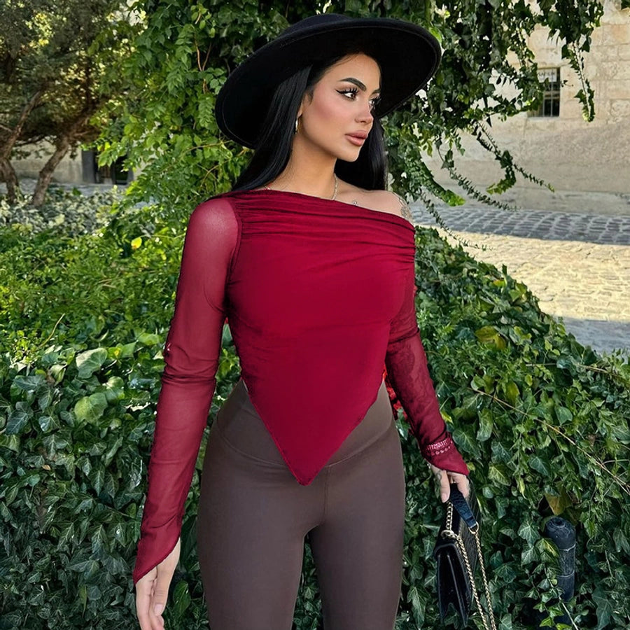 Women's T-shirt Long Sleeve Blouses Wine Red Elegant Solid Color