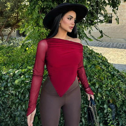 Women's T-shirt Long Sleeve Blouses Wine Red Elegant Solid Color