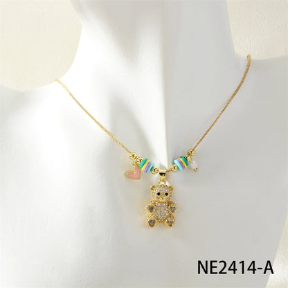 Jewelry Cute little bear Copper Zircon Inlay Pendant Necklace