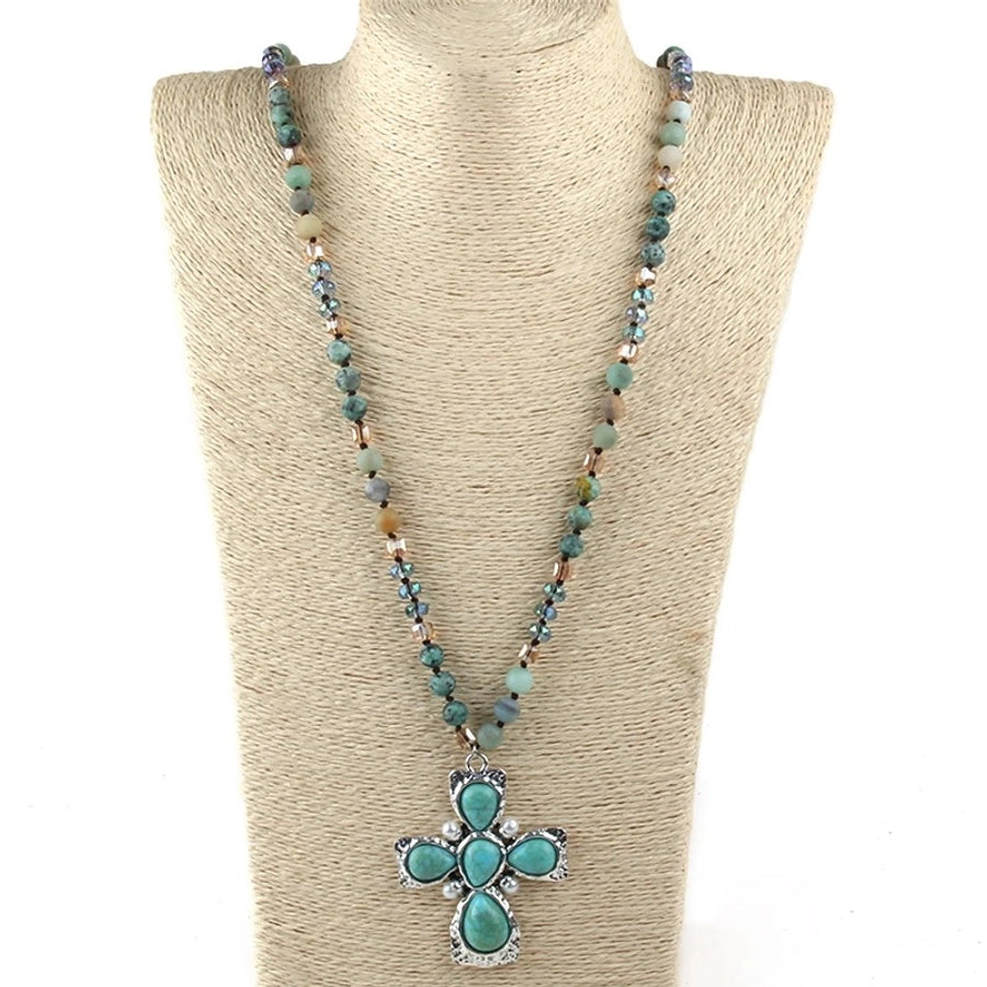 Retro Bohemian Cross natural stone Beaded Chain Pendant Necklace In Bulk Natural stone necklace