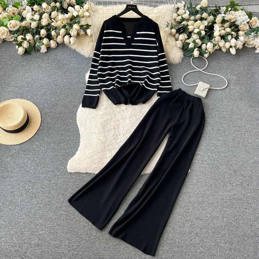 school outdoor daily women's simple style stripe simple spandex polyester knit elastic waist pants sets pants sets
