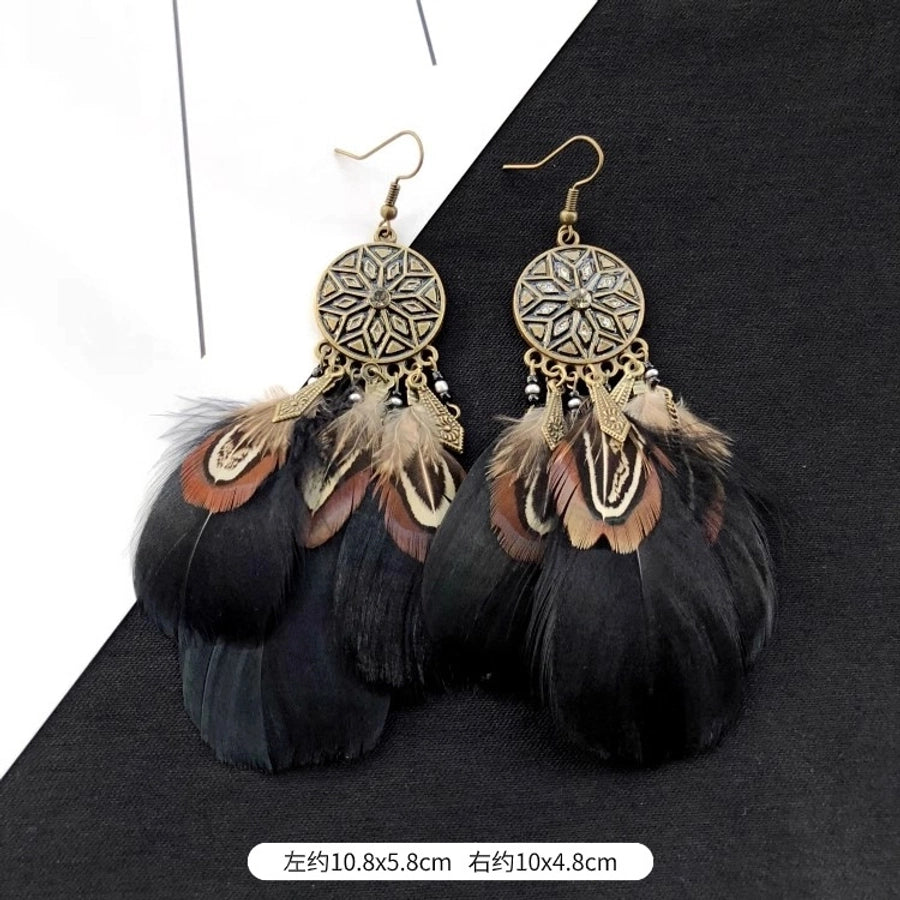 1 Pair Vintage Style Geometric Tassel Alloy Feather Drop Earrings