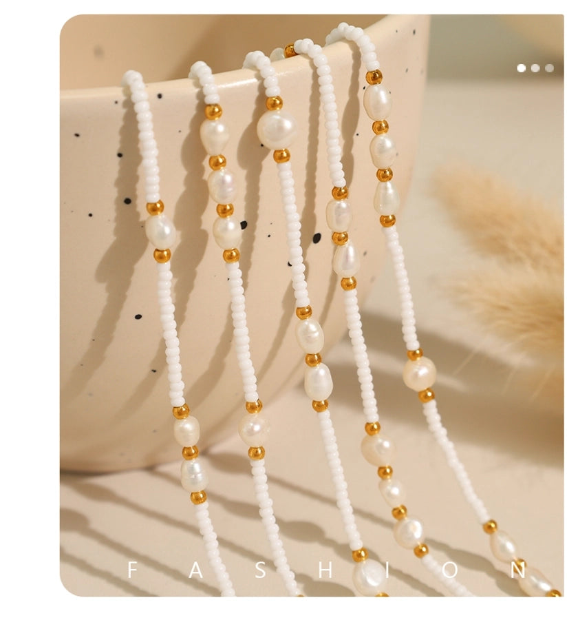 Jewelry Vintage Style Luxurious French Style Round Titanium Steel Freshwater Pearl Glass Stone 18K Gold Plated Beaded Polishing Plating Necklace