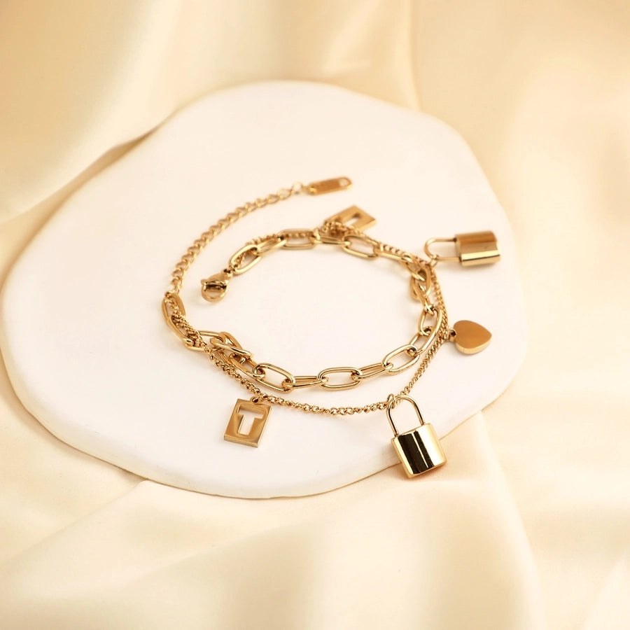 Simple Style Classic Style Cool Style Letter Lock 304 Stainless Steel Paperclip Chain Multi Charms Bracelet In Bulk Stainless Steel Bracelets