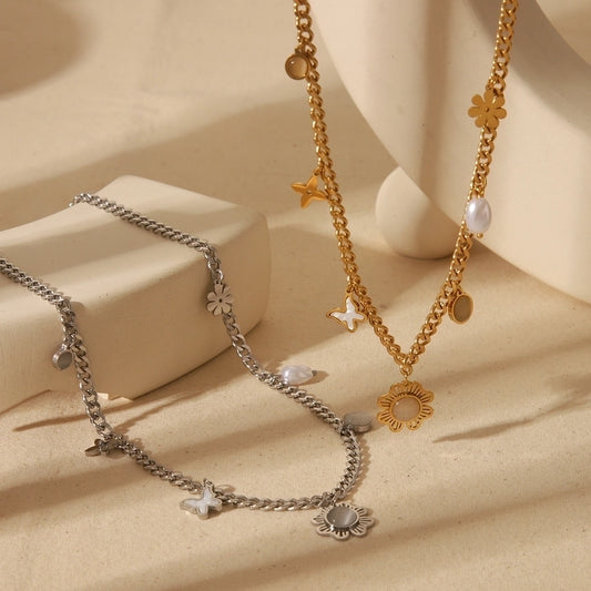 Jewelry IG Style Elegant Commute Solid Color Flower Butterfly 304 Stainless Steel Zircon 18K Gold Plated Plating Inlay Pendant Necklace