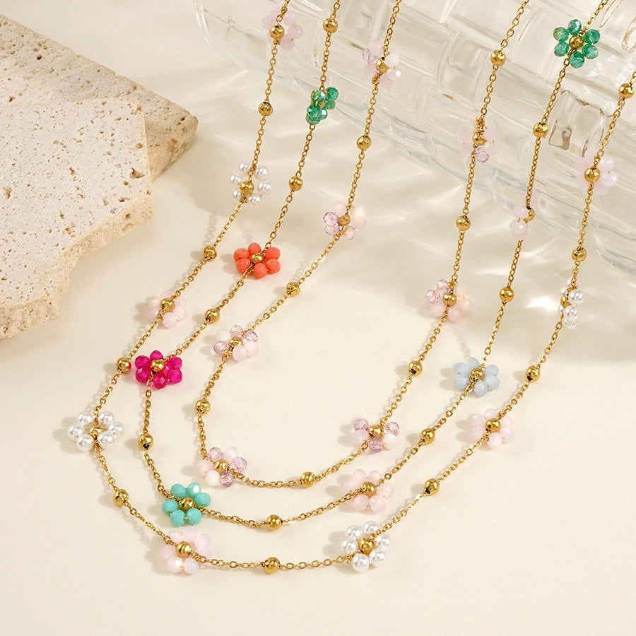 Jewelry Sweet Flower 304 Stainless Steel Artificial Crystal Necklace