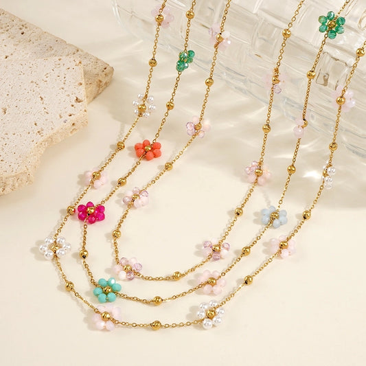 Jewelry Sweet Flower 304 Stainless Steel Artificial Crystal Necklace