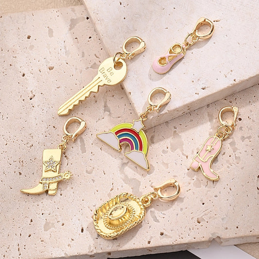 1 Pc/Package 16x16mm 17.5x11.5mm 23x14mm 5.5x4mm Copper Zircon 18K Gold Plated Rainbow Key Shoe Polished Pendant Jewelry Accessories