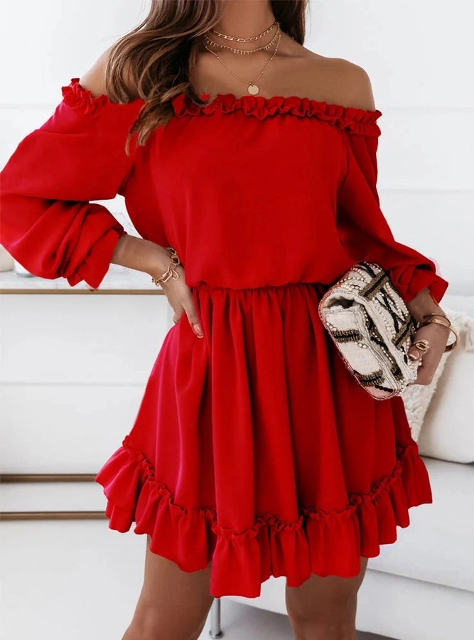 women's regular dress fashion off shoulder patchwork long sleeve solid color above knee daily