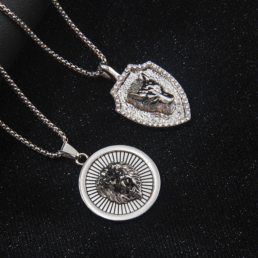 Hip-Hop Geometric Lion Wolf 201 Stainless Steel Alloy Inlay Rhinestones Unisex Pendant Necklace