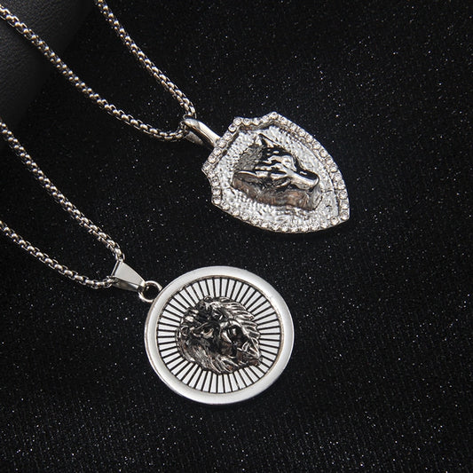 Hip-Hop Geometric Lion Wolf 201 Stainless Steel Alloy Inlay Rhinestones Unisex Pendant Necklace