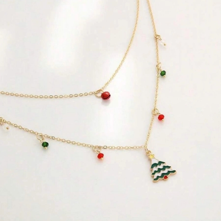 Jewelry Cute Christmas Tree Bell 316 Stainless Steel  Copper Enamel Double Layer Necklaces