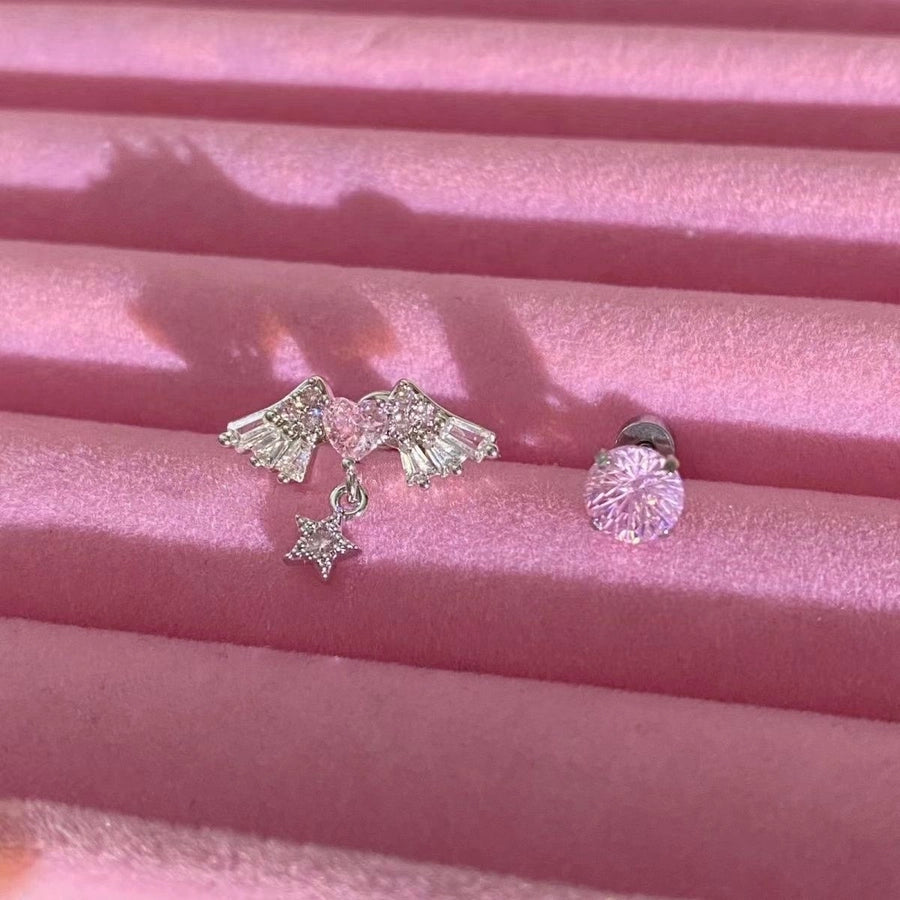 1 Piece 1 Pair Simple Style Shiny Round Heart Shape Wings Inlay Alloy Rhinestones Ear Studs