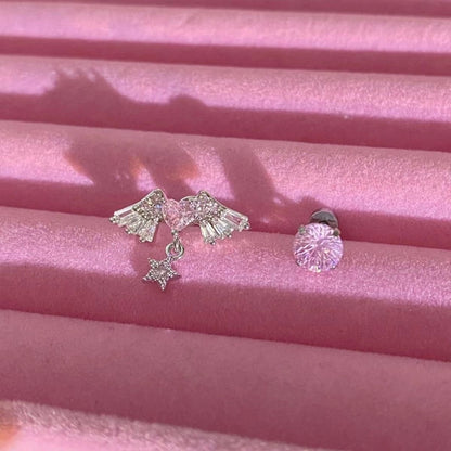 1 Piece 1 Pair Simple Style Shiny Round Heart Shape Wings Inlay Alloy Rhinestones Ear Studs