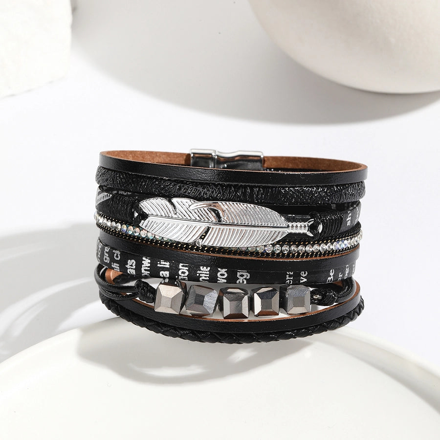 Simple Style Feather Pu Leather Woven Chain Wrap Bracelets