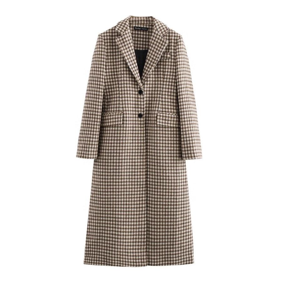 Women's Elegant Plaid Pocket Single Breasted Woolen Coat