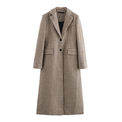 Women's Elegant Plaid Pocket Single Breasted Woolen Coat