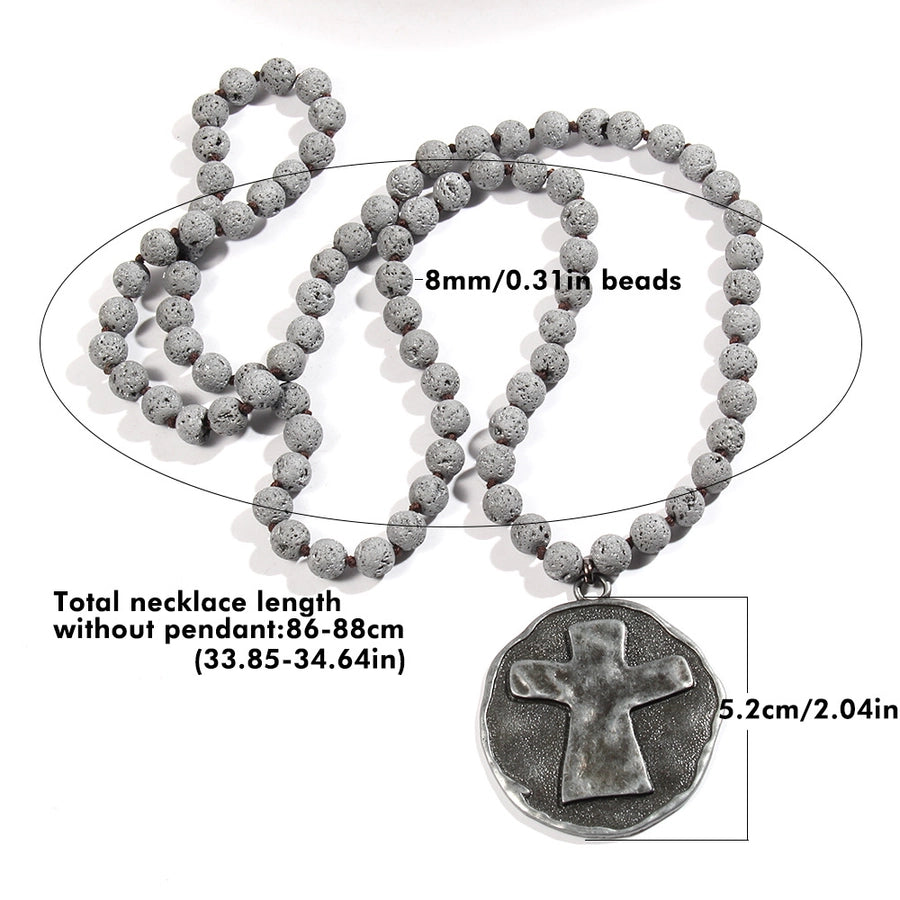 Retro Ethnic Style Geometric Cross Semi-precious stone Alloy Beaded Chain Pendant Necklace Long Necklace In Bulk Natural stone necklace