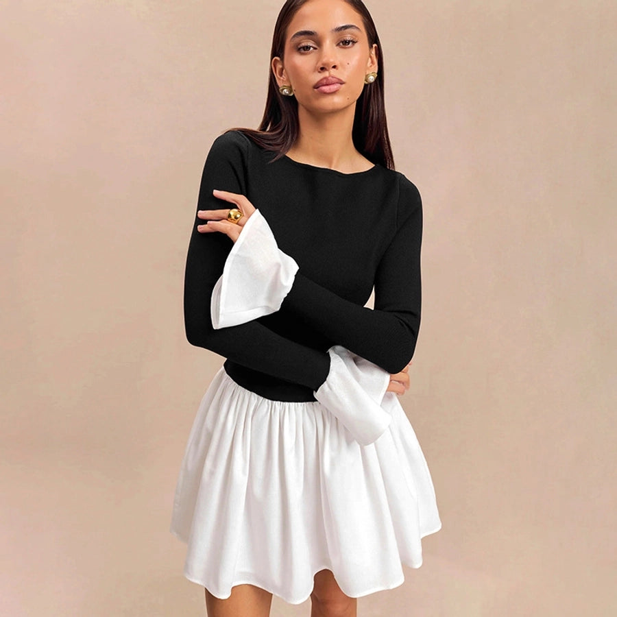 Women's Sheath Dress Streetwear Boat Neck Contrast Binding Long Sleeve Contrast Binding Above Knee Daily