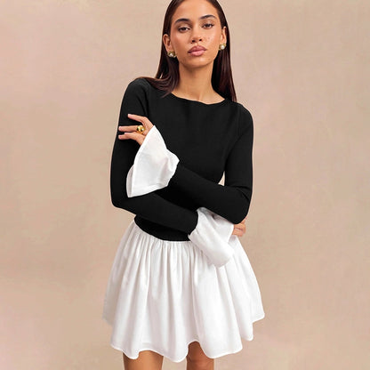 Women's Sheath Dress Streetwear Boat Neck Contrast Binding Long Sleeve Contrast Binding Above Knee Daily