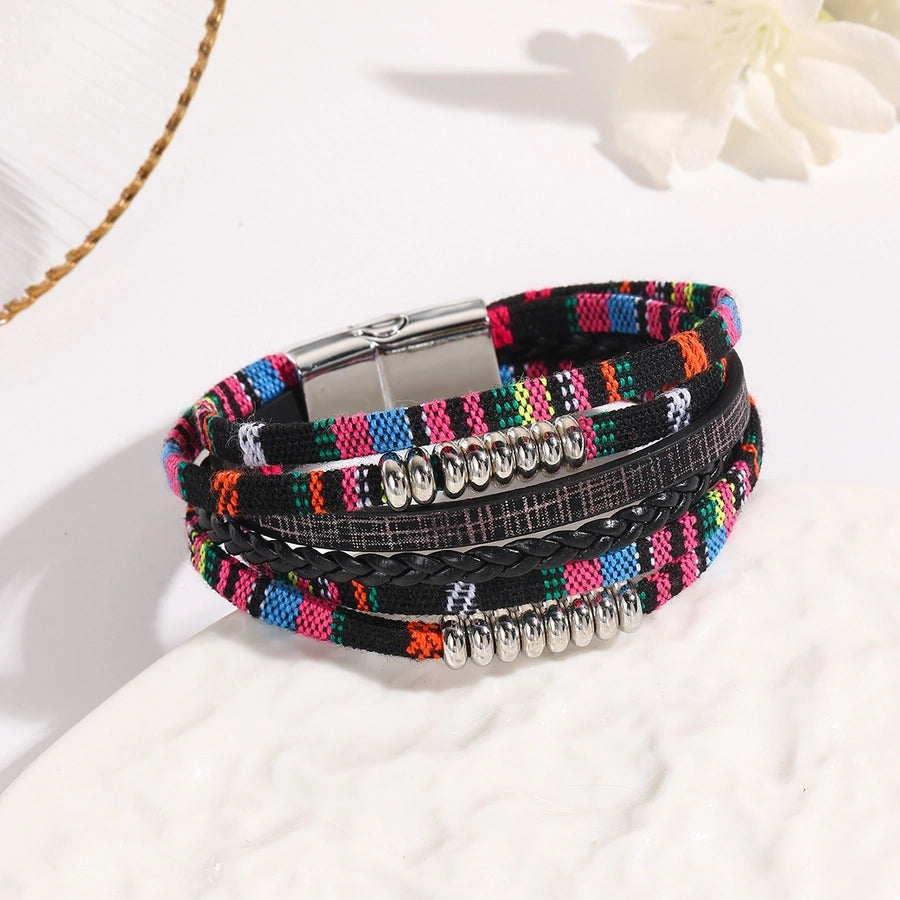Ethnic Style Bohemian Tropical Colorful Rainbow Pu Leather Alloy Woven Chain Wrap Bracelets