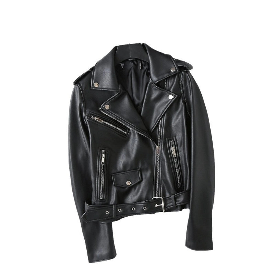 Women's Preppy Style Solid Color Zipper Leather Jacket Casual Jacket