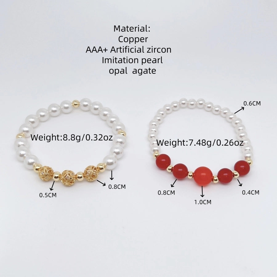 Nordic Style Round Zircon Imitation Pearl opal Copper Beaded Bracelets