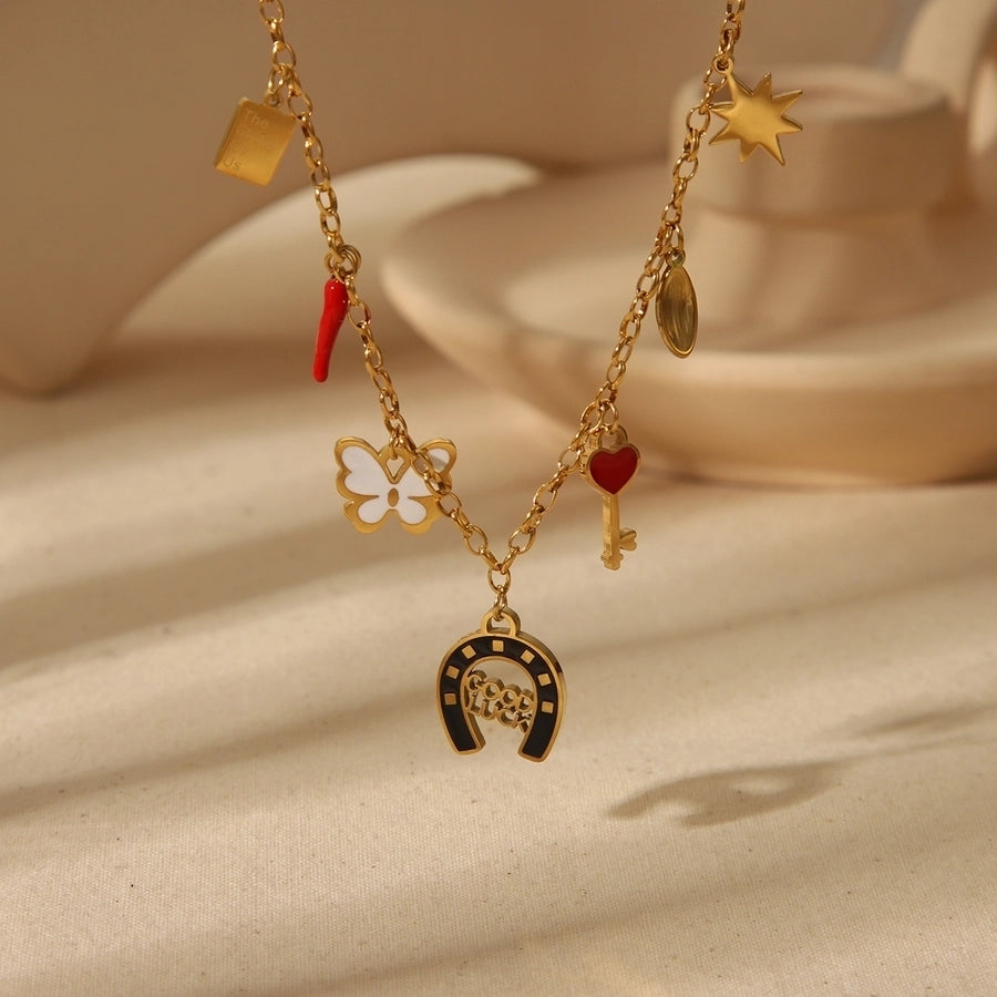 Jewelry Vintage Style Simple Style Artistic Elephant Butterfly Bow Knot 304 Stainless Steel Natural Stone 18K Gold Plated Epoxy Pendant Necklace