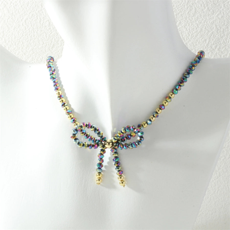 Cute Punk Lolita Bow Knot Glass Beaded Chain Beaded Necklaces