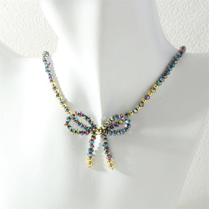 Cute Punk Lolita Bow Knot Glass Beaded Chain Beaded Necklaces