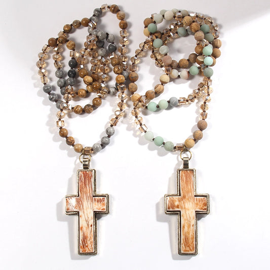Retro Geometric Cross Semi-precious stone Alloy Resin Beaded Chain Pendant Necklace Long Necklace In Bulk Natural stone necklace