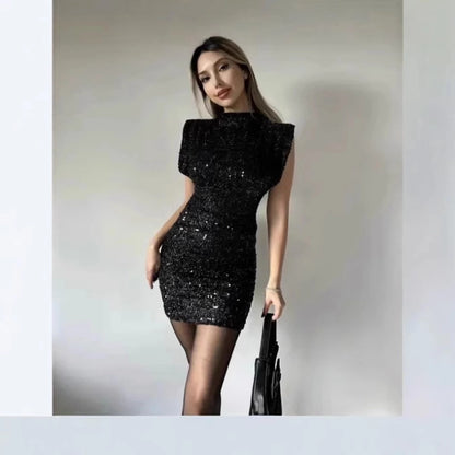 Women's Sheath Dress Elegant Round Neck Sequins Sleeveless Solid Color Above Knee Banquet